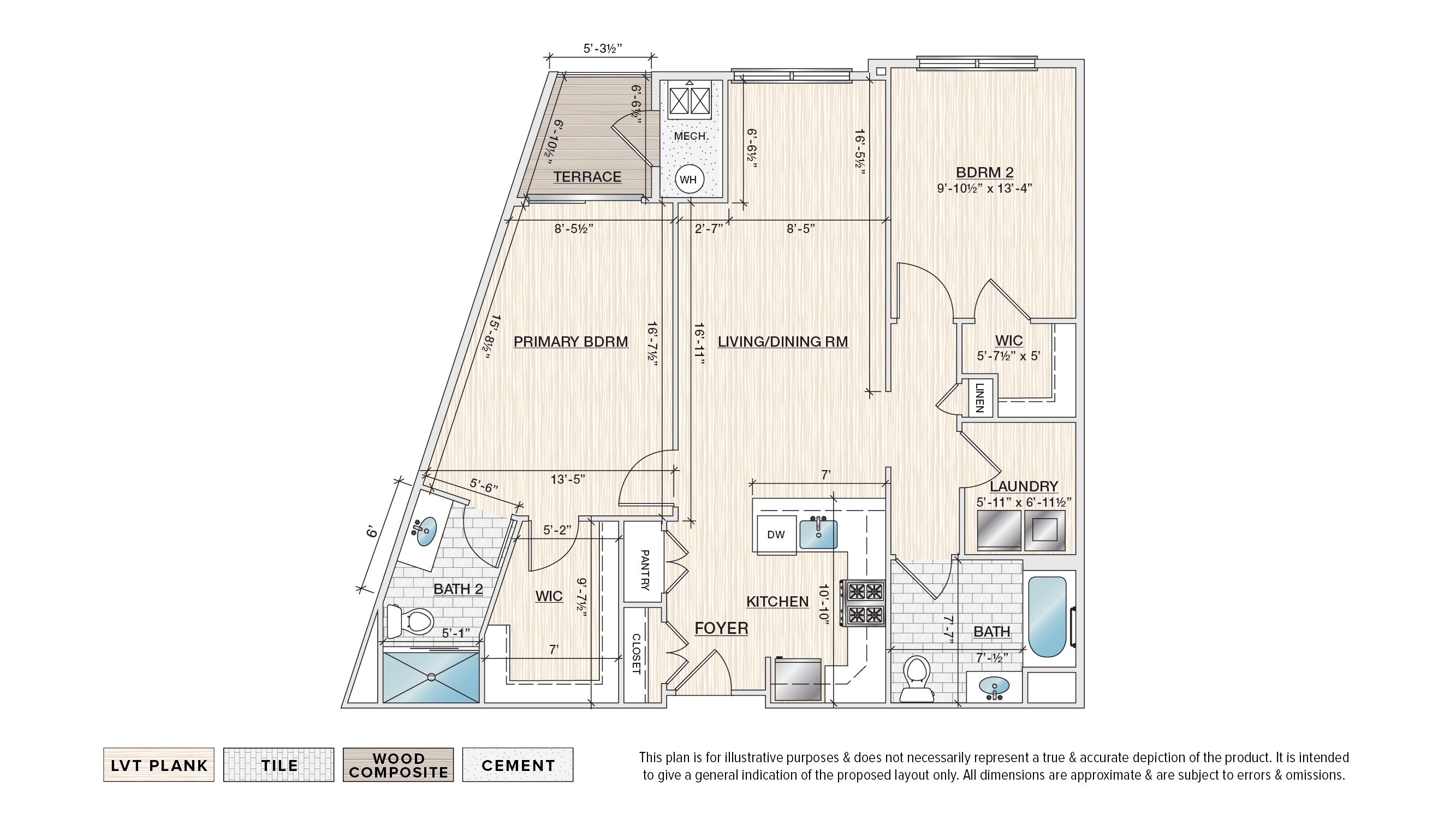 The Magnolia B-3 55+ active adult garden apartment floor plan with 2 bedrooms, 2 baths, and a terrace